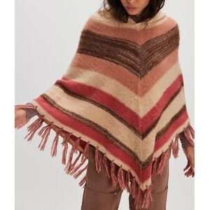 Free People Striped Turtleneck Hooded Poncho Knit Fringe Tan Brown Boho - OS